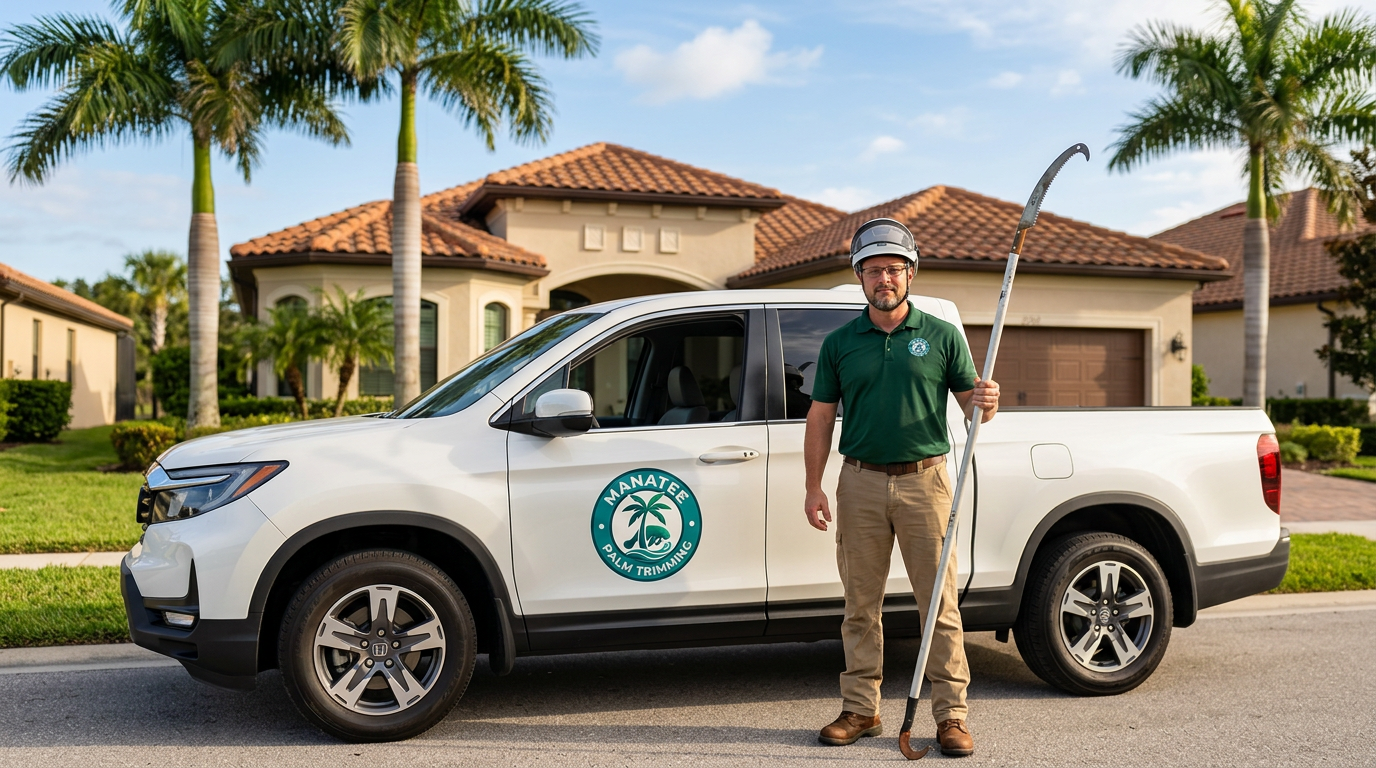 Manatee Palm Trimming owner with branded truck and pole saw in front of a Florida home